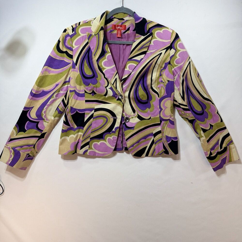Latina Life Blazer Womens 14 Psychedelic Paisley Purple Green Floral 70s Retro